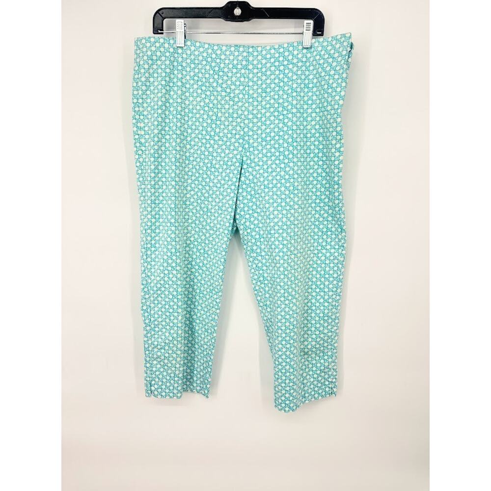 Talbots Crop Capri Pants 14 Petite 14P Aqua White Plate Fork Spoon Picnic Whimsy